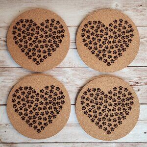 Set of 4 - Laser Engraved Round Cork Coasters 4" Paw Print Heart